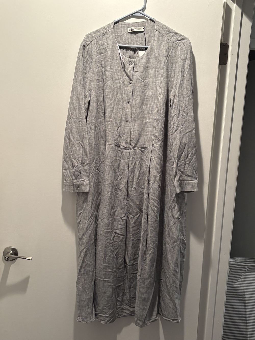 Zara Light Grey Long-Sleeve Button Maxi Dress